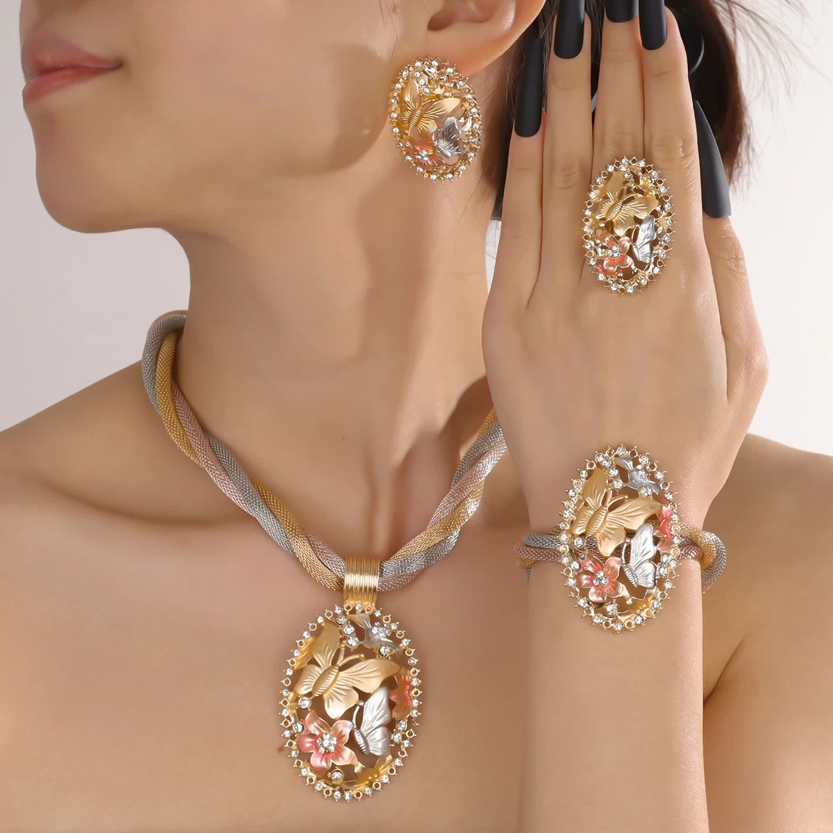45cm African Dubai Gold Plated Flower Bridal Earrings Pendant Necklace Ring Sets