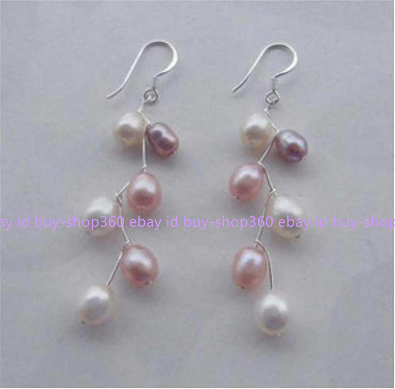 7-8mm White Pink Purple Freshwater Baroque Pearl Dangle 925 Silver Hook Earrings