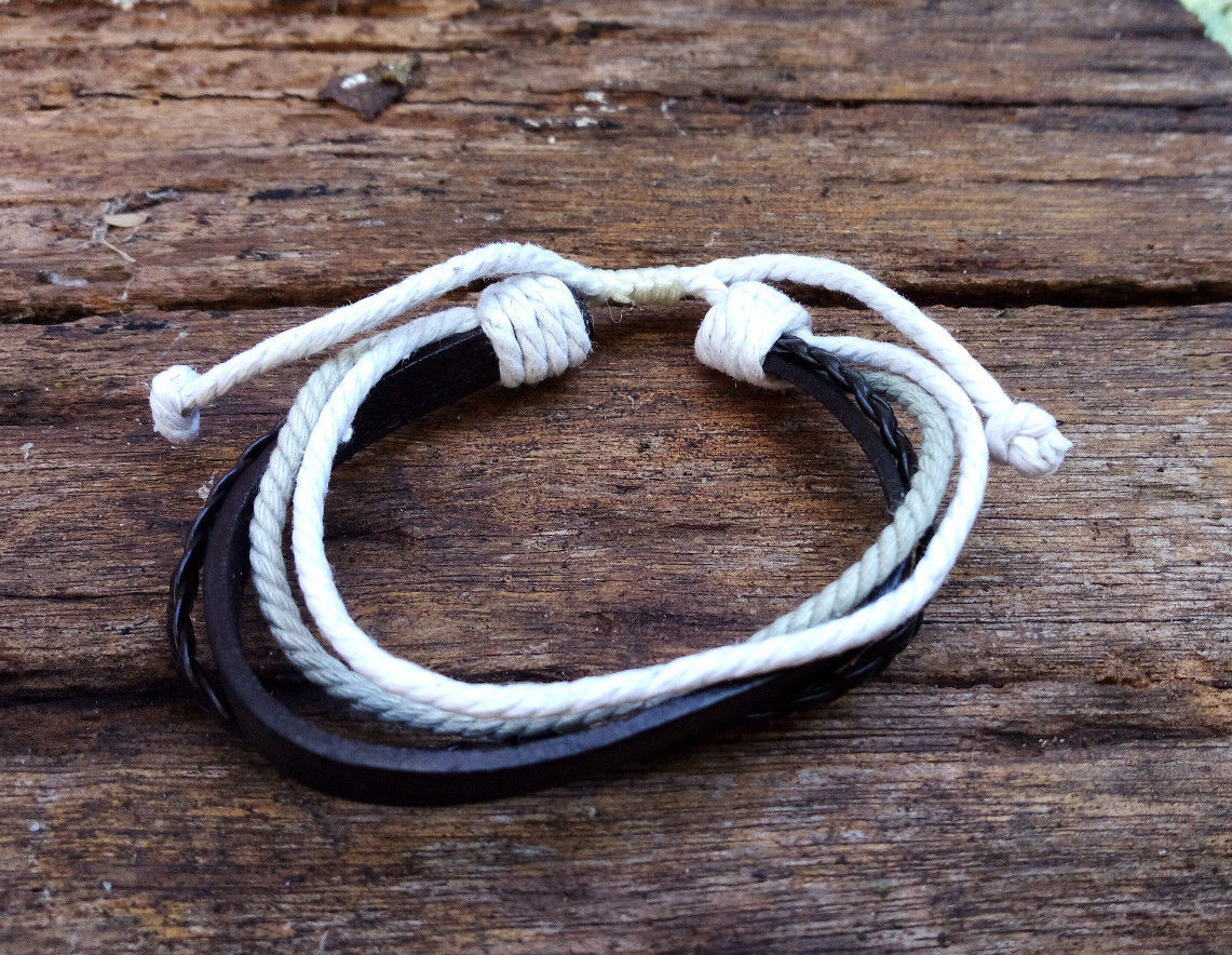 Dark Brown Leather Cotton Mens Womens Bracelet Anklet Wristband