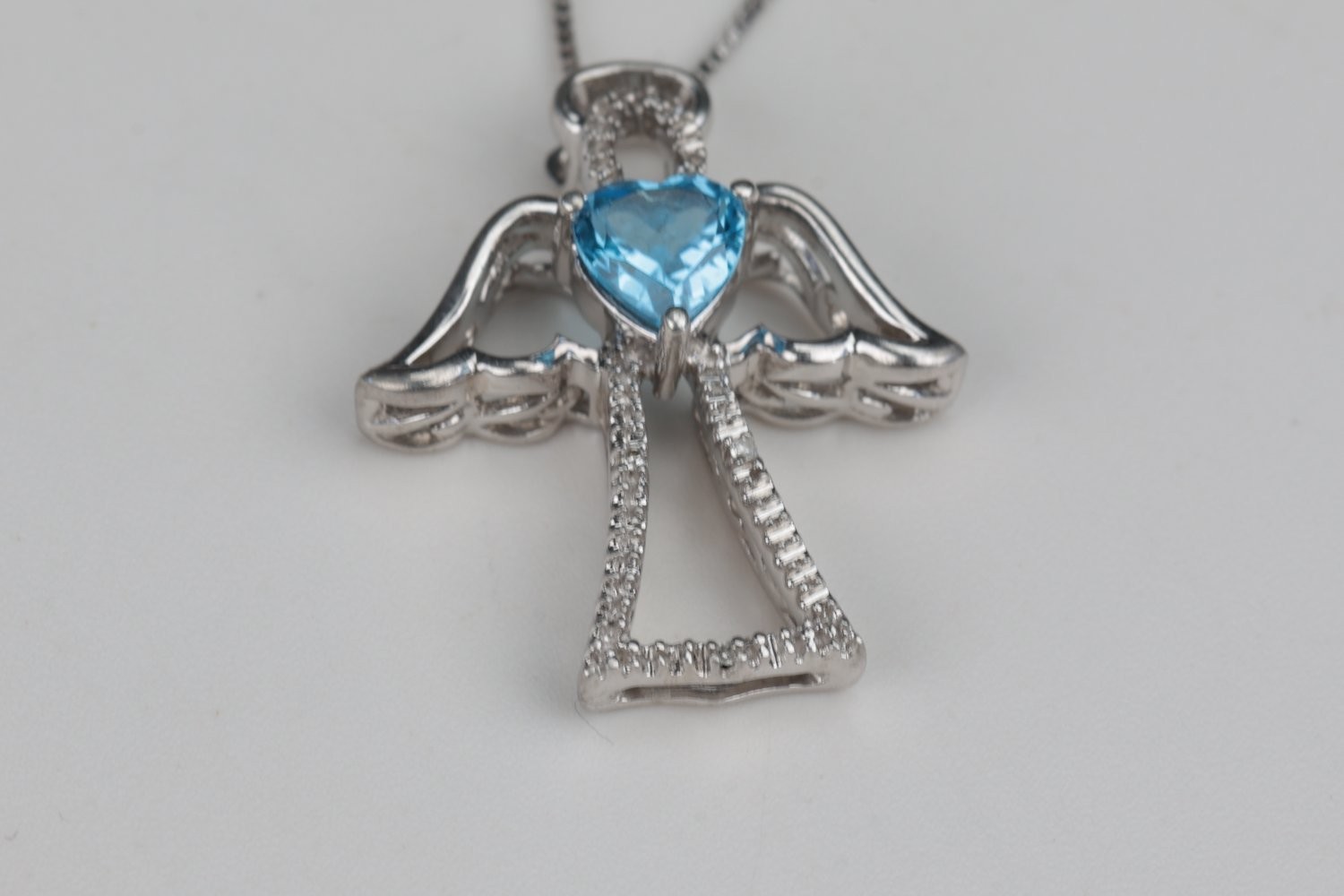 Jwb Sterling Silver 925 Angel Cross Necklace Heart Blue Topaz CZ 18″ Box Chain