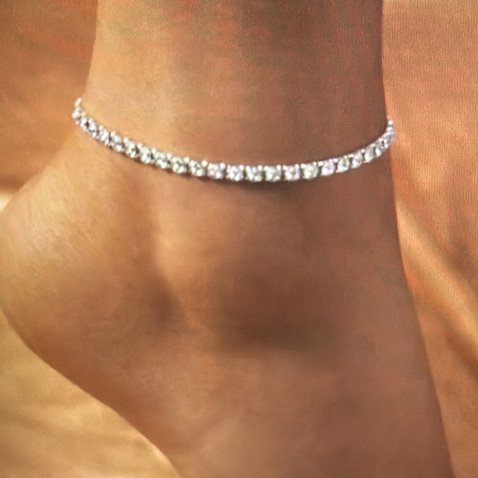 Silver Plated Tennis Chain Anklet, White Crystal Round Rhinestone, Stackable