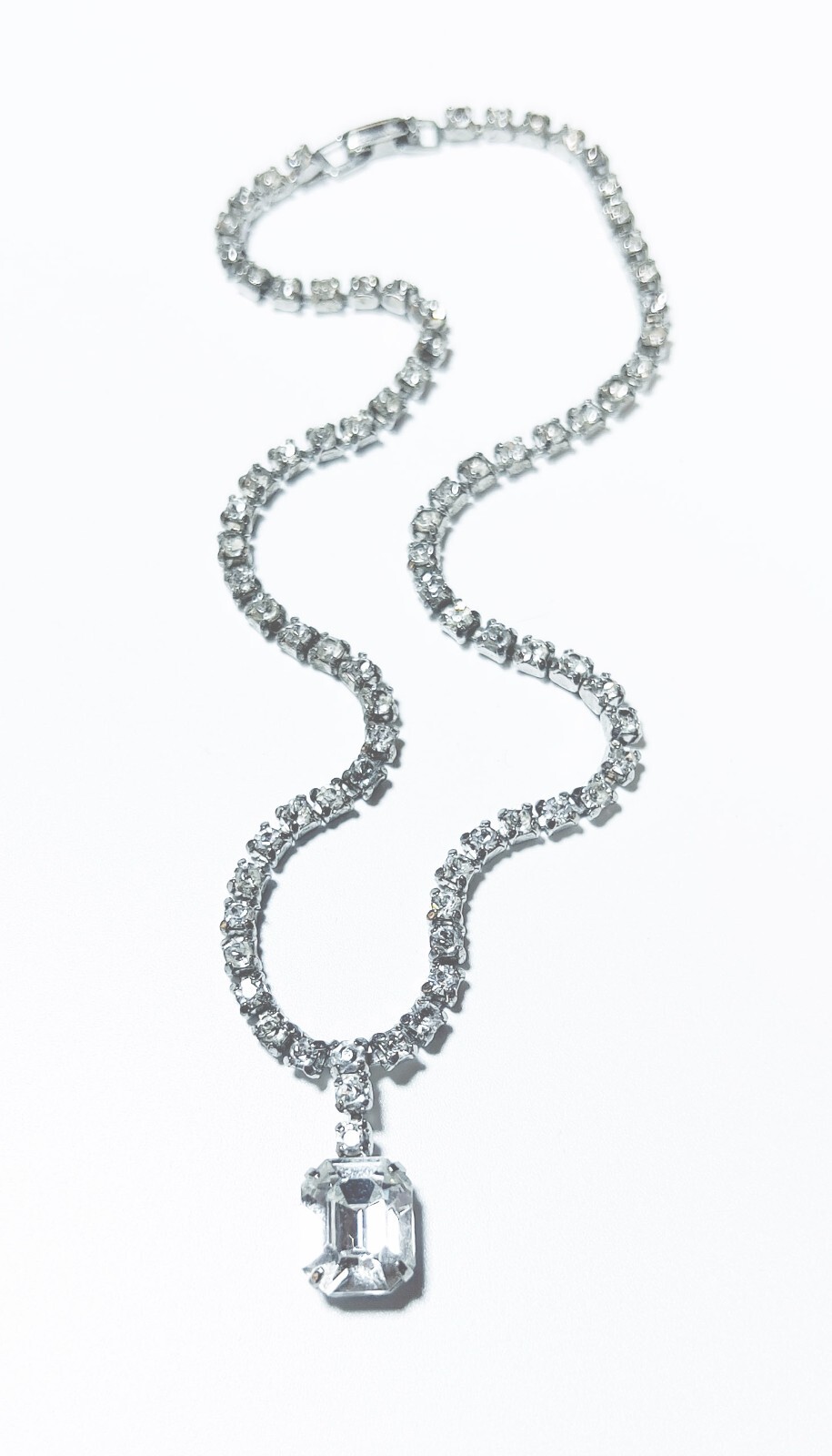 Exquisite Vintage Silver Plated CZ Tennis Necklace w/ Emerald Cut Drop Pendant