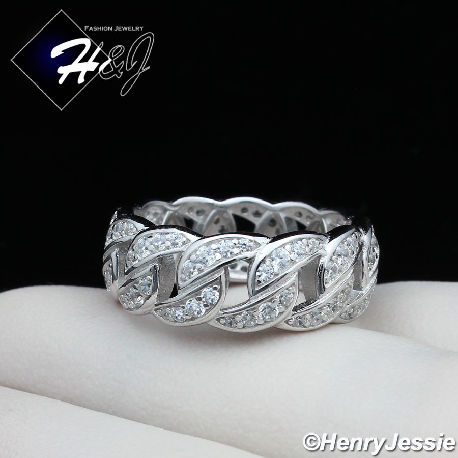 MEN WOMEN SOLID 925 STERLING SILVER FULL ICY BLING CZ CUBAN CURB LINK RING*SR128