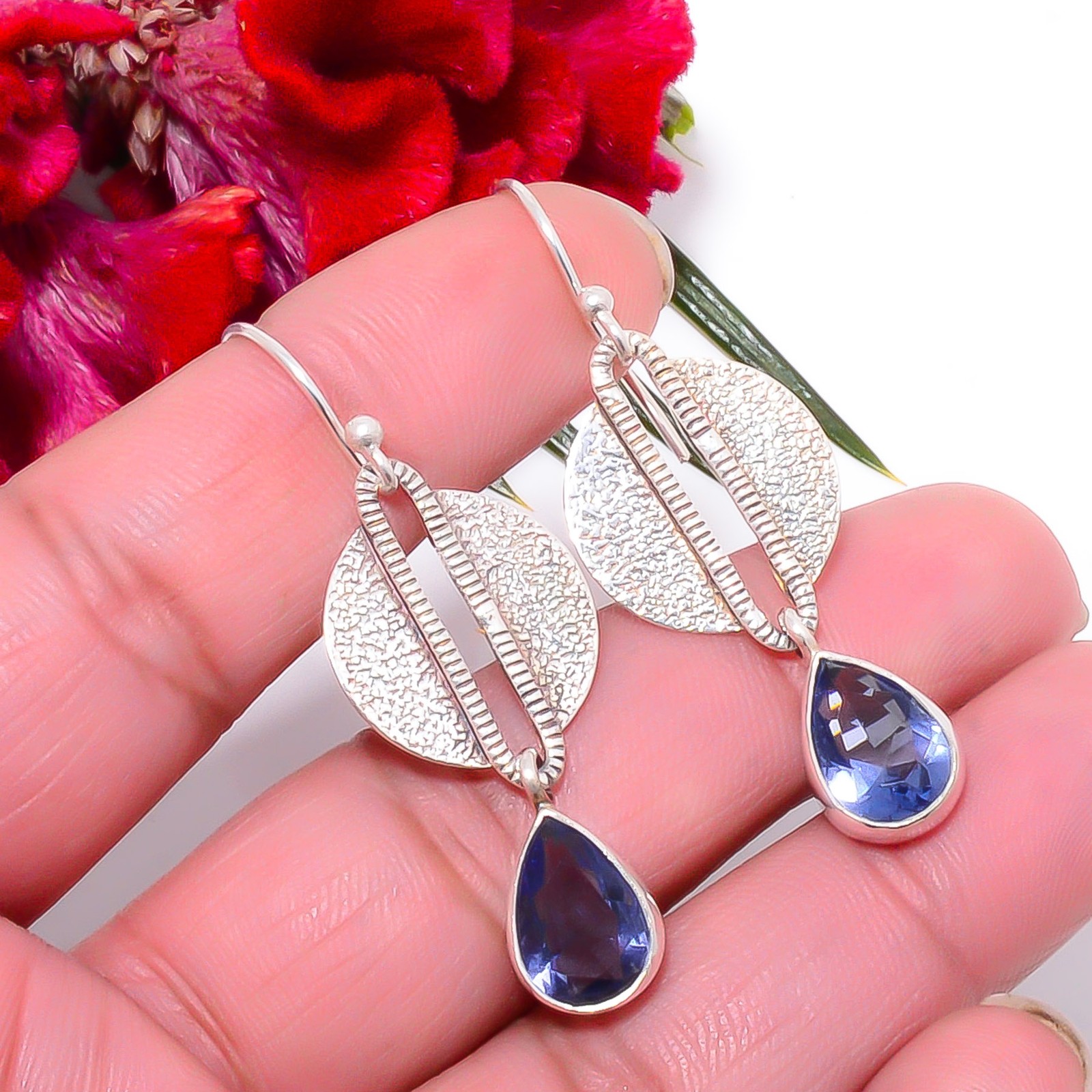 Iolite Oxidised Gemstone Designer Handmade 925 Sterling Silver Earring 1.95″ Su1