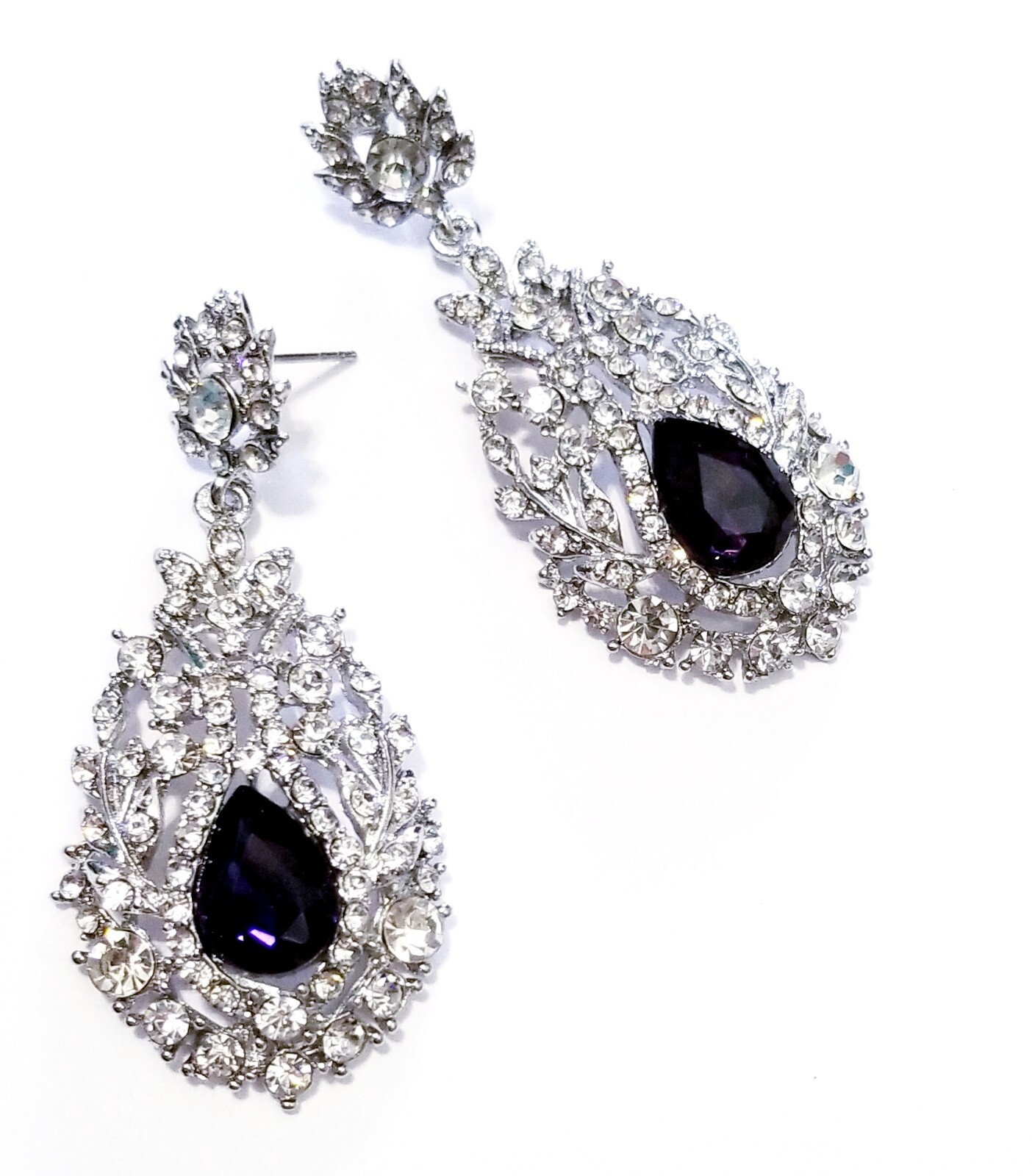 Chandelier Rhinestone Crystal Pageant Bridal Earrings Purple Drop Dangle 2.5 In