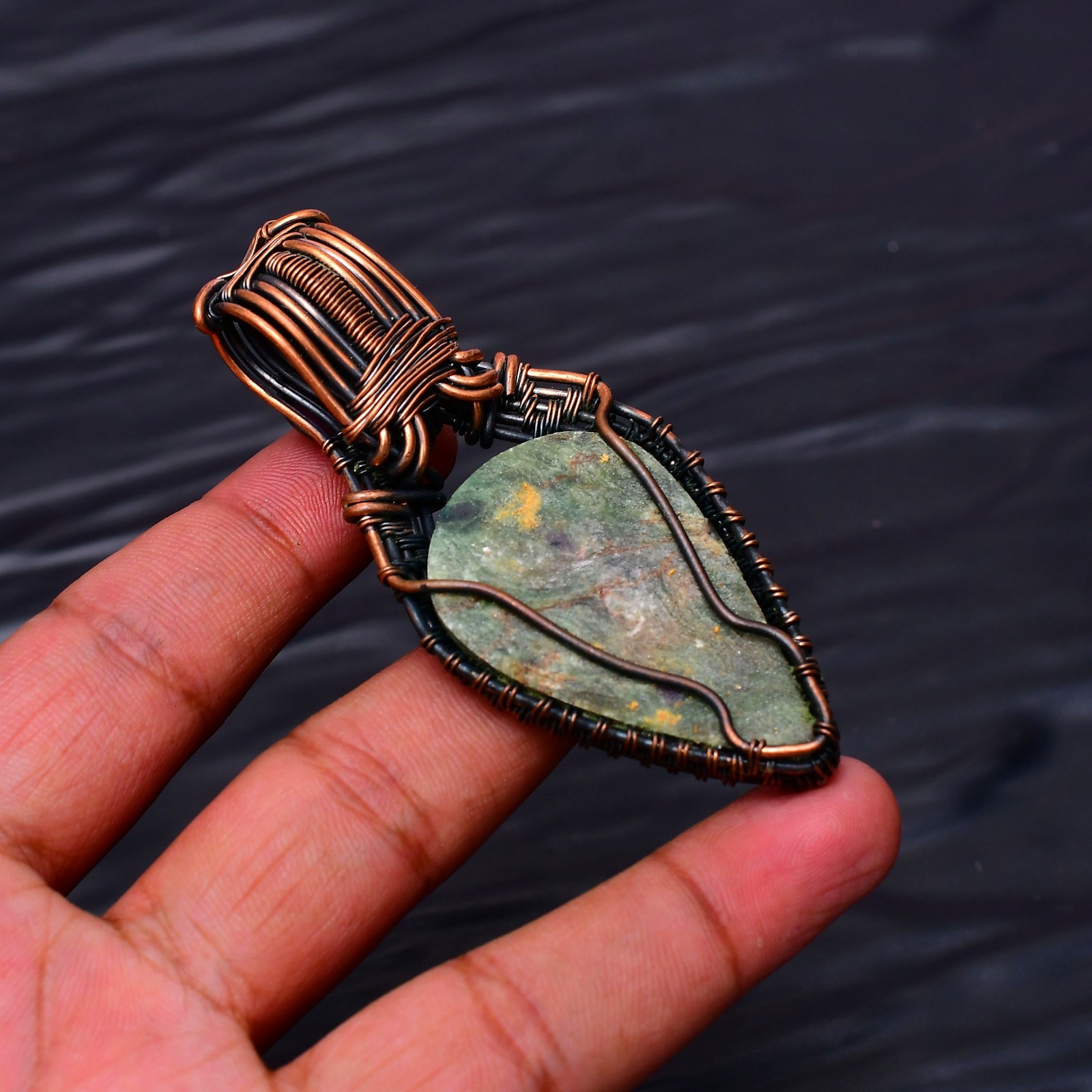 Ruby Fuchsite Gemstone Copper Wire Wrapped Handmade Jewelry Pendant 2.91″