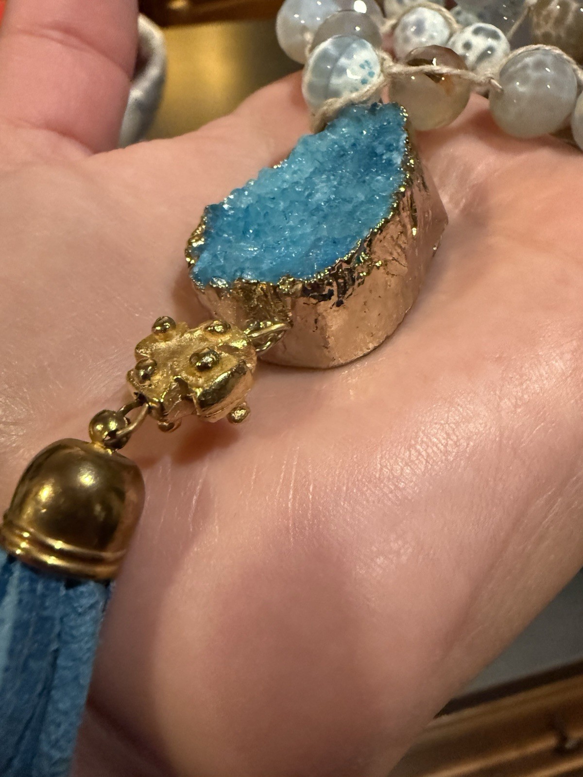 Susan Shaw Druzy Stone Tassel Necklace Blue Stone 33 To 35 In Adj