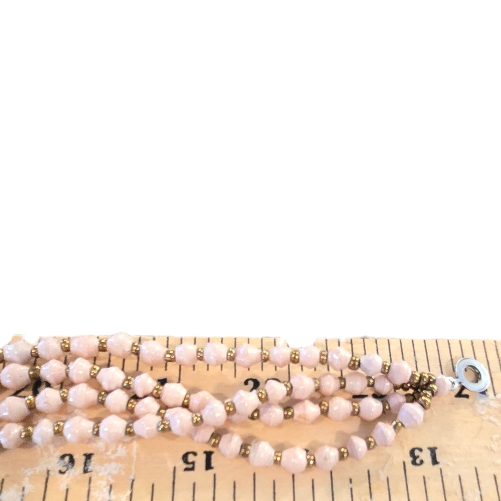 Vintage Necklace Bicone Soft Pink Bead Four Strand Brass Tone Spacer 24″ SKU2285