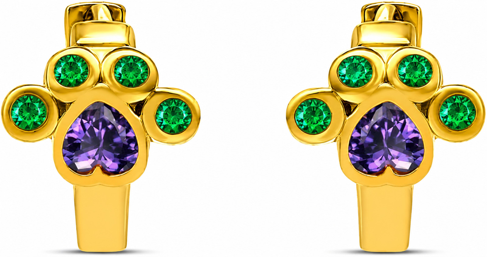 3Ct Heart Cut Simulated Amethyst/Emerald Huggie Earrings 14K Yellow Gold Plated
