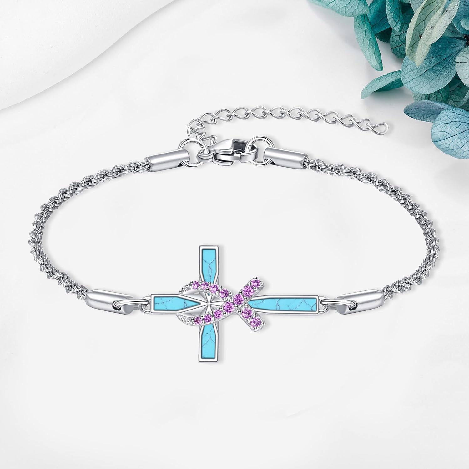 Breast Cancer Survivor Pink Ribbon Cross Bracelet 925 Sterling Silver Gift Women
