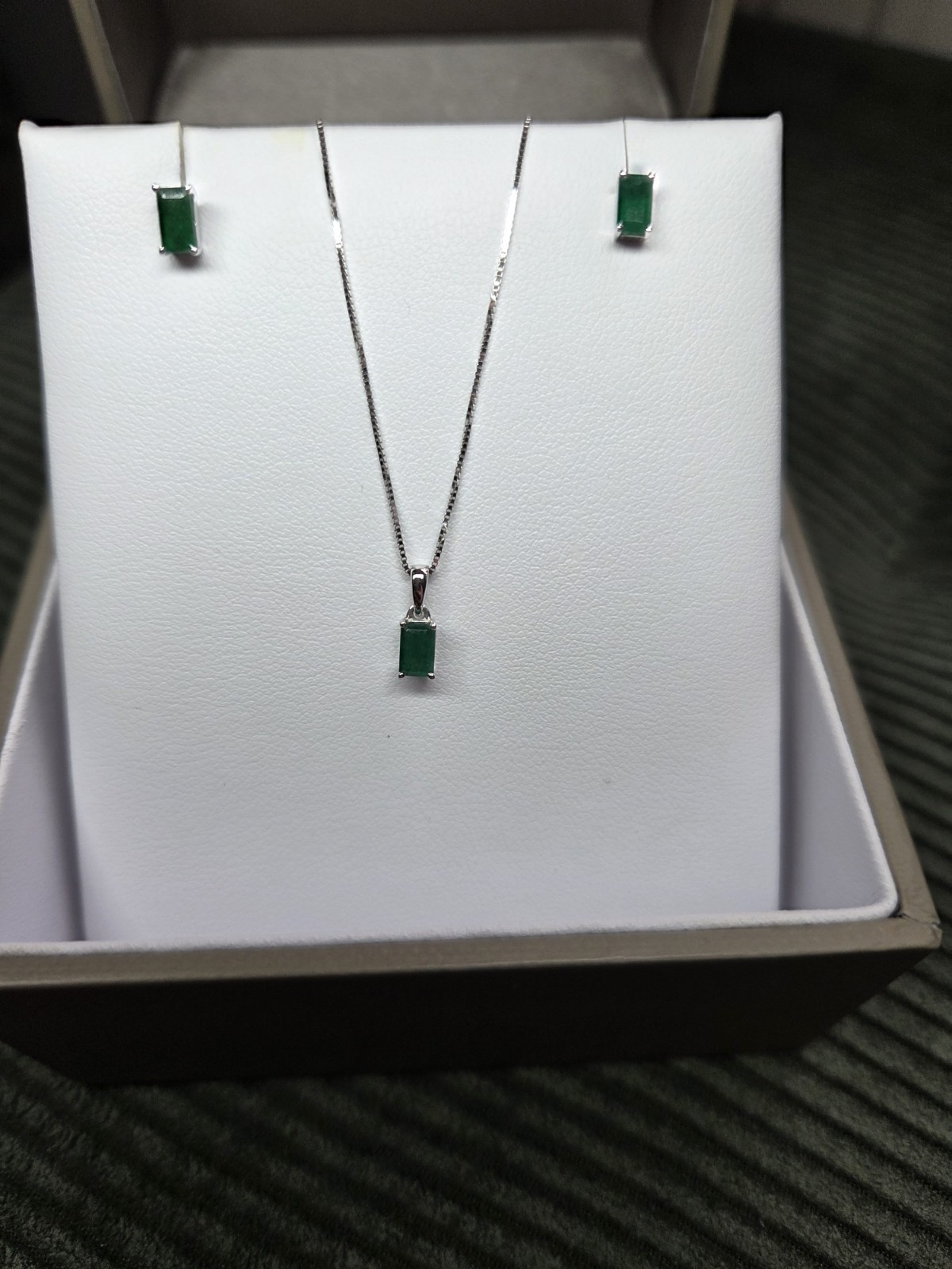 Green Emerald Diamond Necklace and Earrings Set White Gold Finish