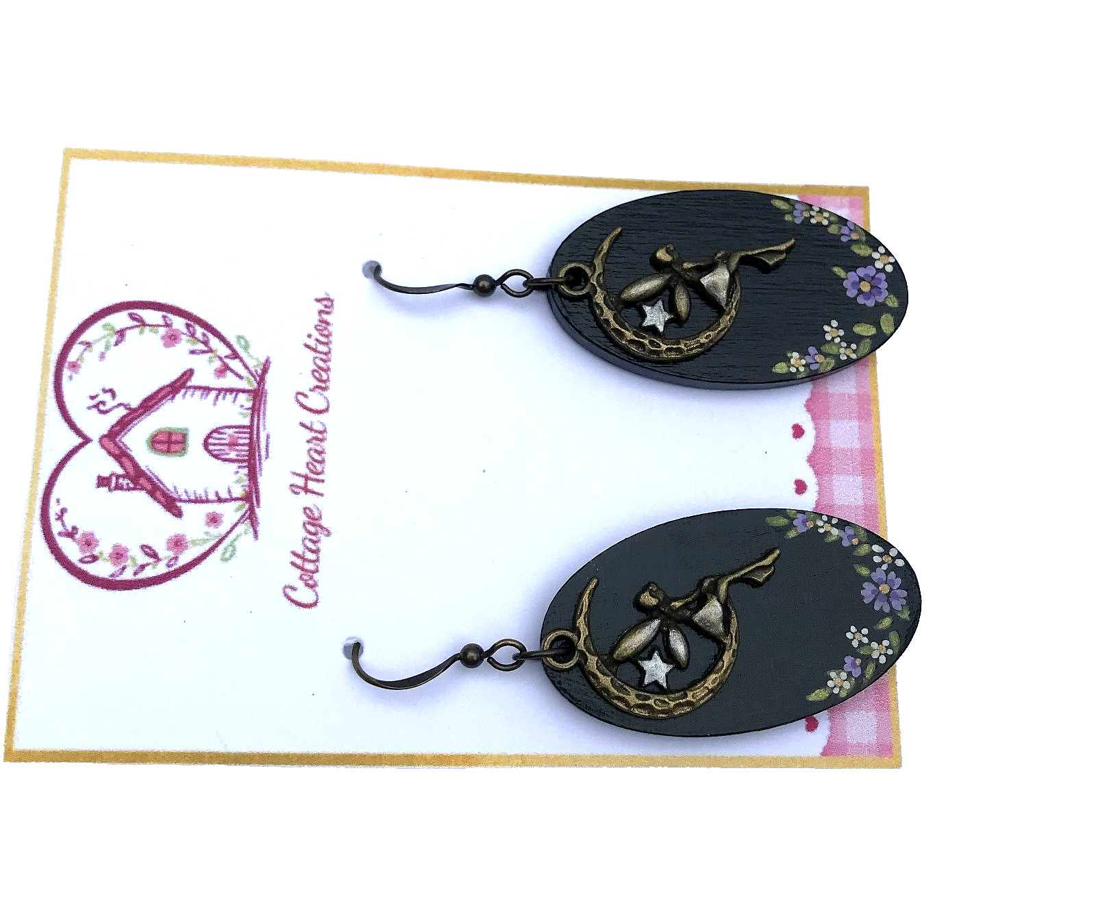 Artisan Hand Painted Black Purple Moonlit Fairy Garden Wood Dangle Earrings
