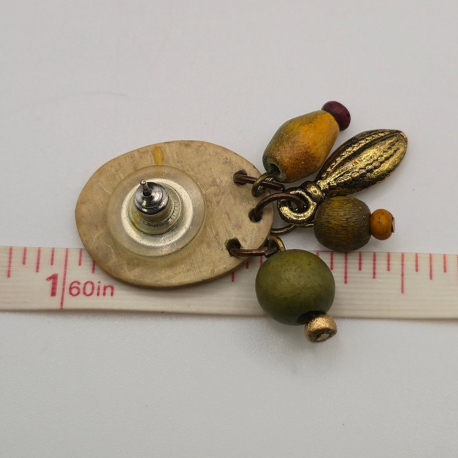 Handcrafted Boho Dangle Drop Earrings Wood Beads Gold Tone Charms 1 5/8 in