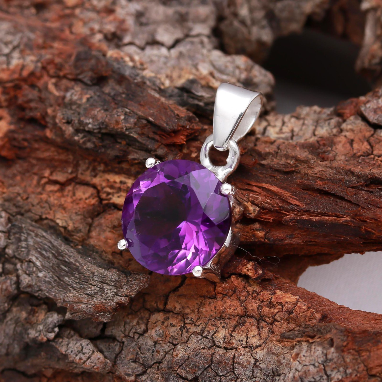 100%Natural Purple Amethyst Round Pendant 925 Sterling Silver Minimalist Jewelry