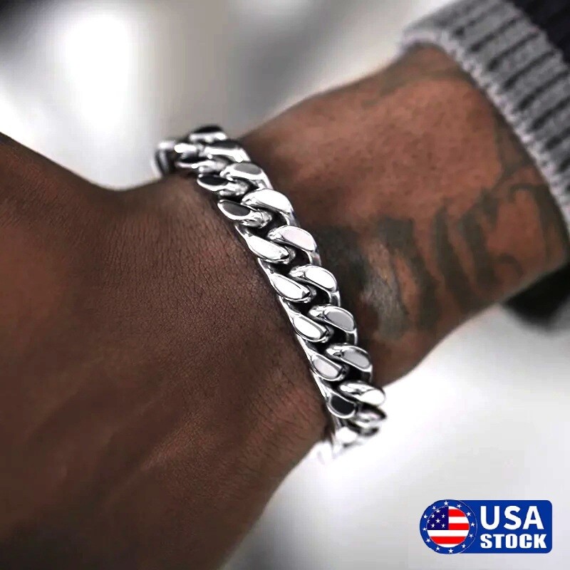 Men’s Thick Silver Stainless Steel Curb Cuban Link Solid Chain Bracelet 10mm USA