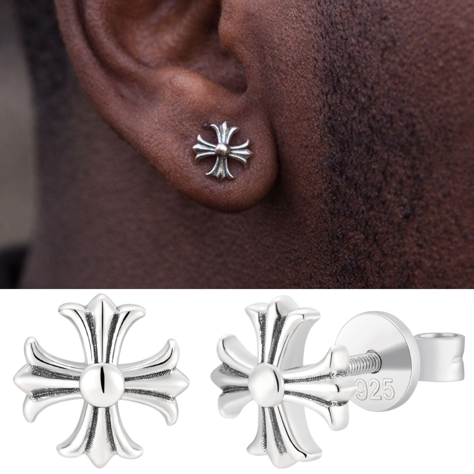 Real Solid 925 Silver Men Hearts Of Chrome Star Oxidized Earrings Plain Studs