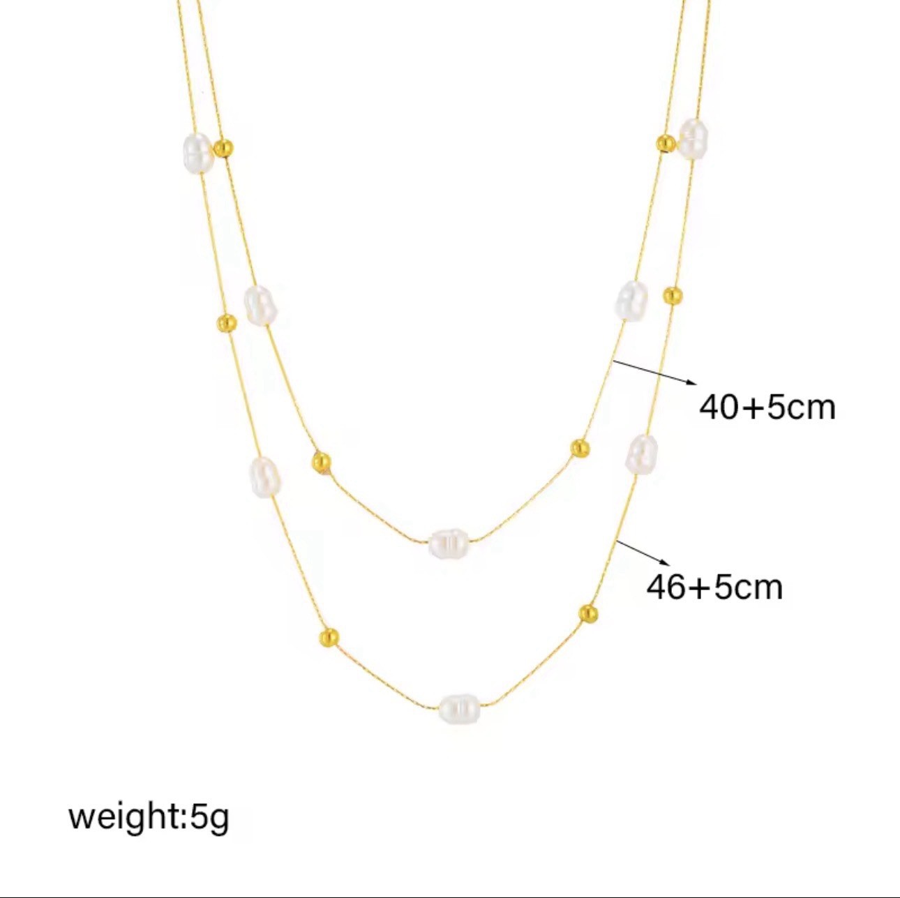 Layered Gold Plated Necklace with Baroque Pearls, Beaded Design, 40+5cm & 46+5cm
