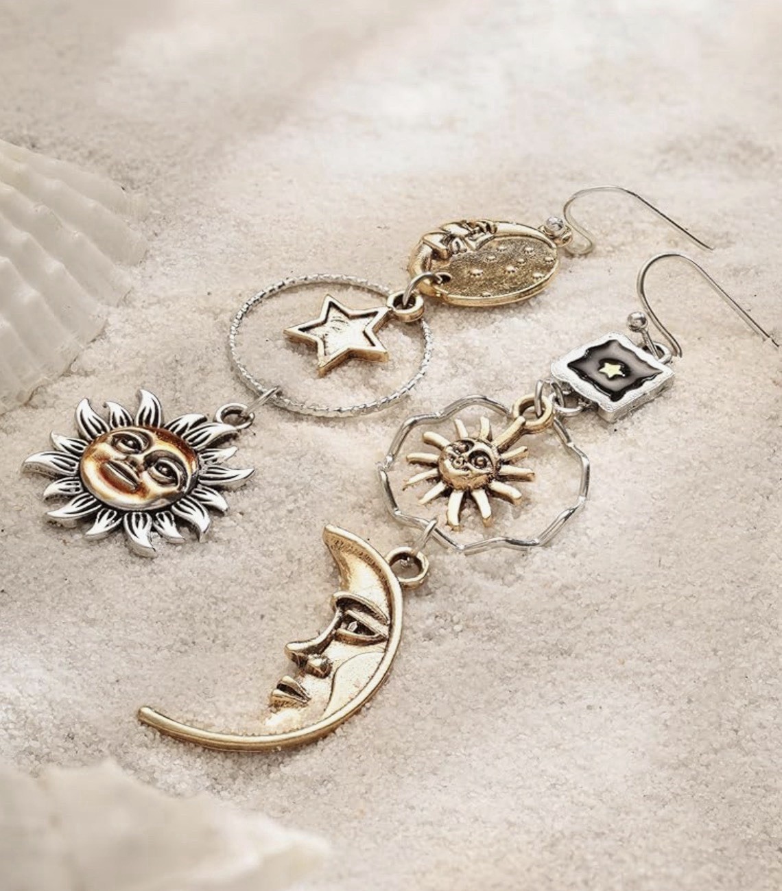 Vintage Gothic Sun Moon Star Asymmetric Drop Greek Mythology Dangle Earrings