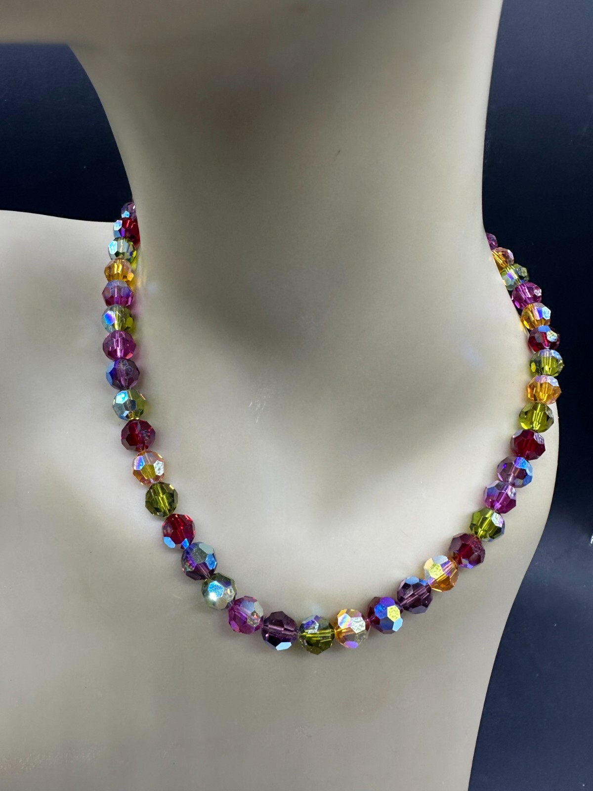 ESTATE STERLING SILVER ART GLASS RAINBOW RIVOLI BEAD STRAND STRING NECKLACE 21″