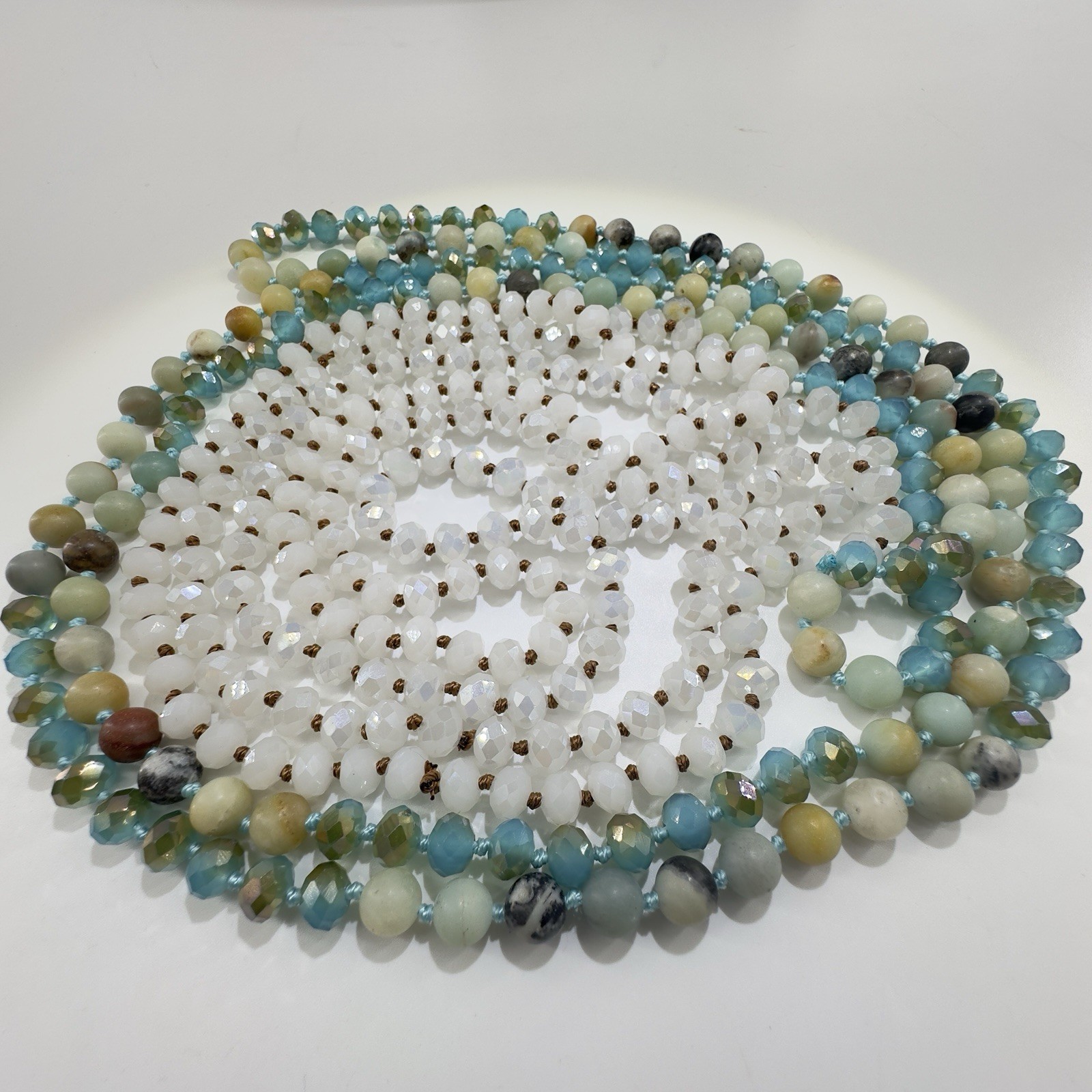 (2) Blue/Gold/White Faceted Sparkling Handknotted Beaded Necklaces 58” Long Hvy