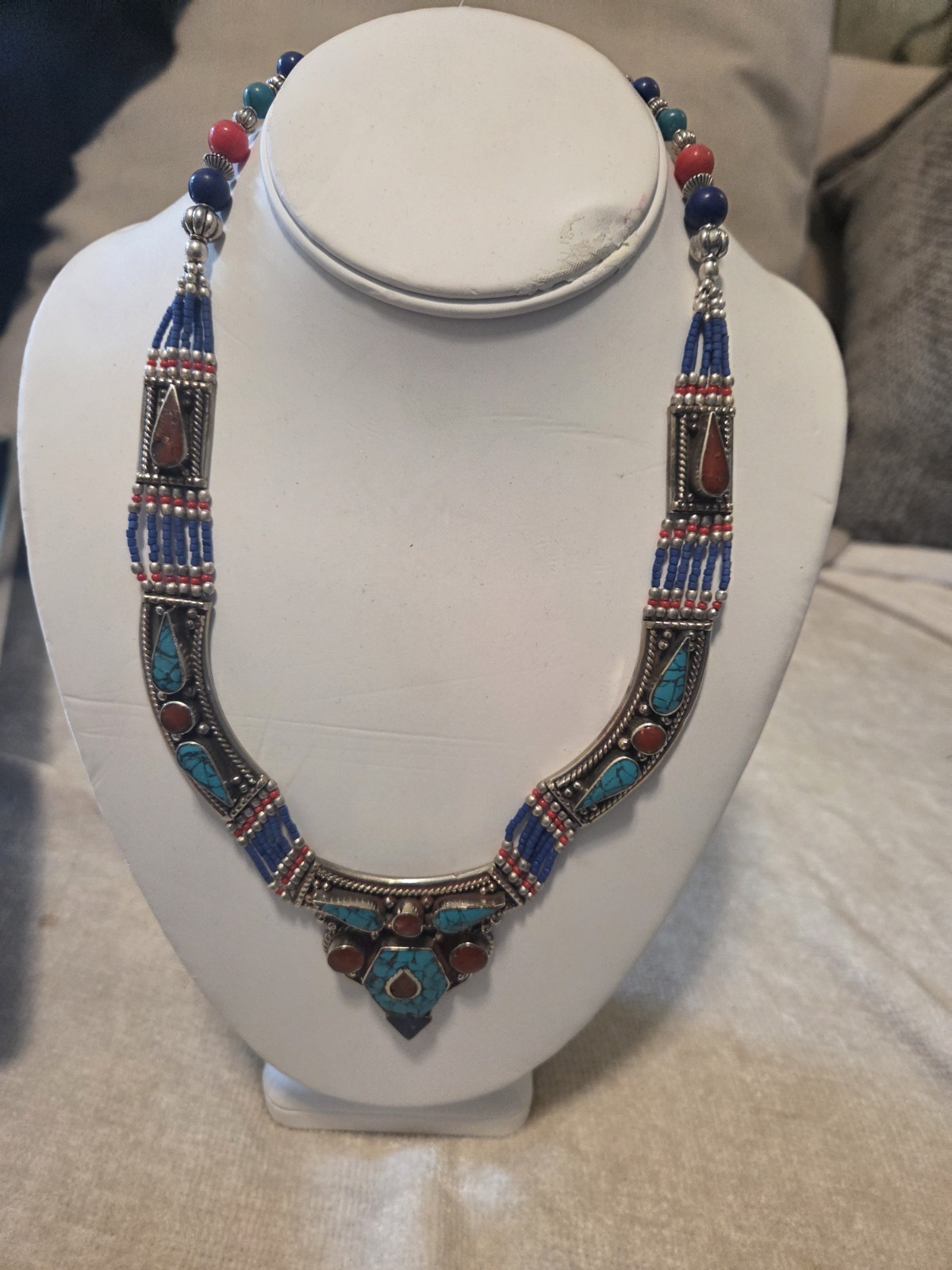 Tibetan Crushed Turquoise Coral Lapis Lazuli Necklace