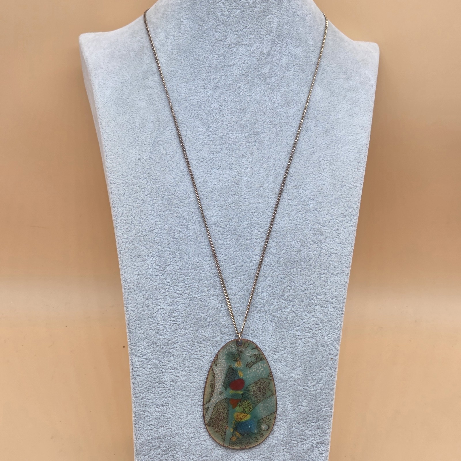 Vintage Enamel on Copper Oval Shape Red Blue Abstract Pendant Chain Necklace