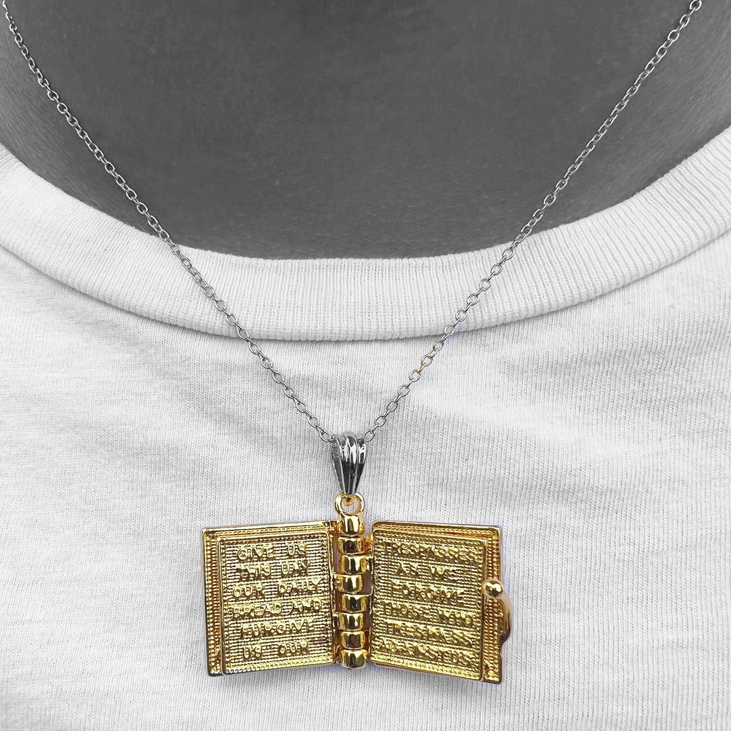 Bible Book Pendant Necklace Vintage Silver Cross Unique Jewelry For Men Women US