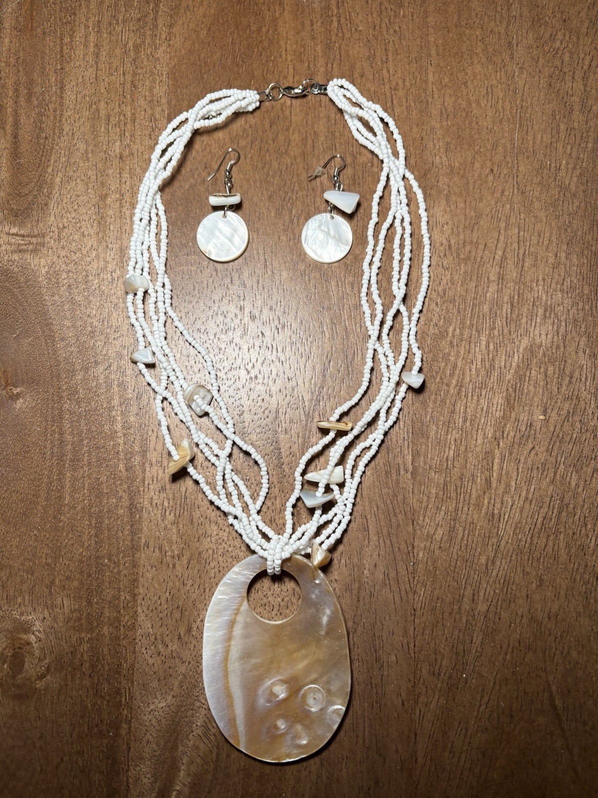 White Shell Multi-Strand Necklace w/ Oval Pendant & Matching Drop Earrings Set
