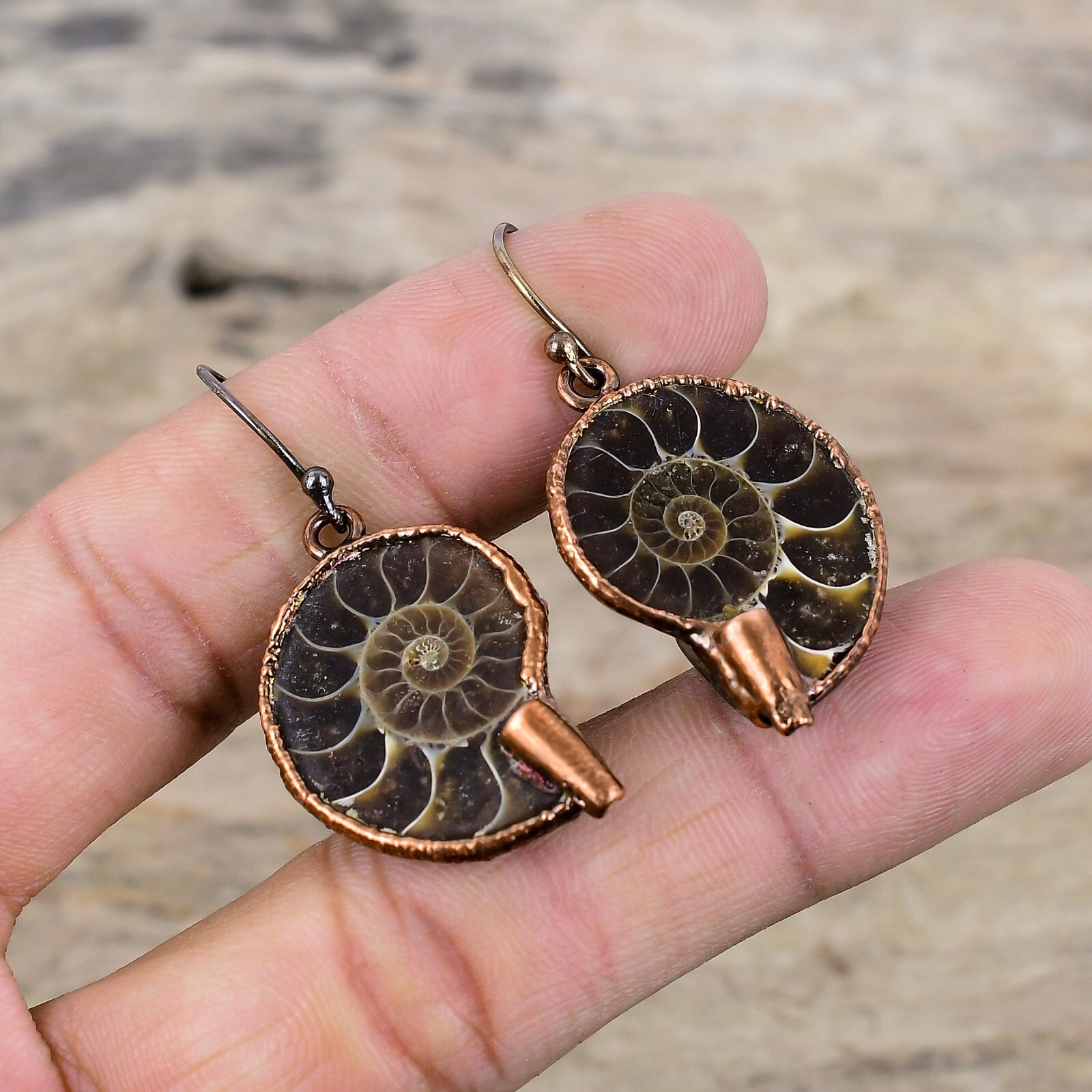Gift For Her Copper Ammonite Fossil Electroformed Drop/Dangle Earrings 1.77″