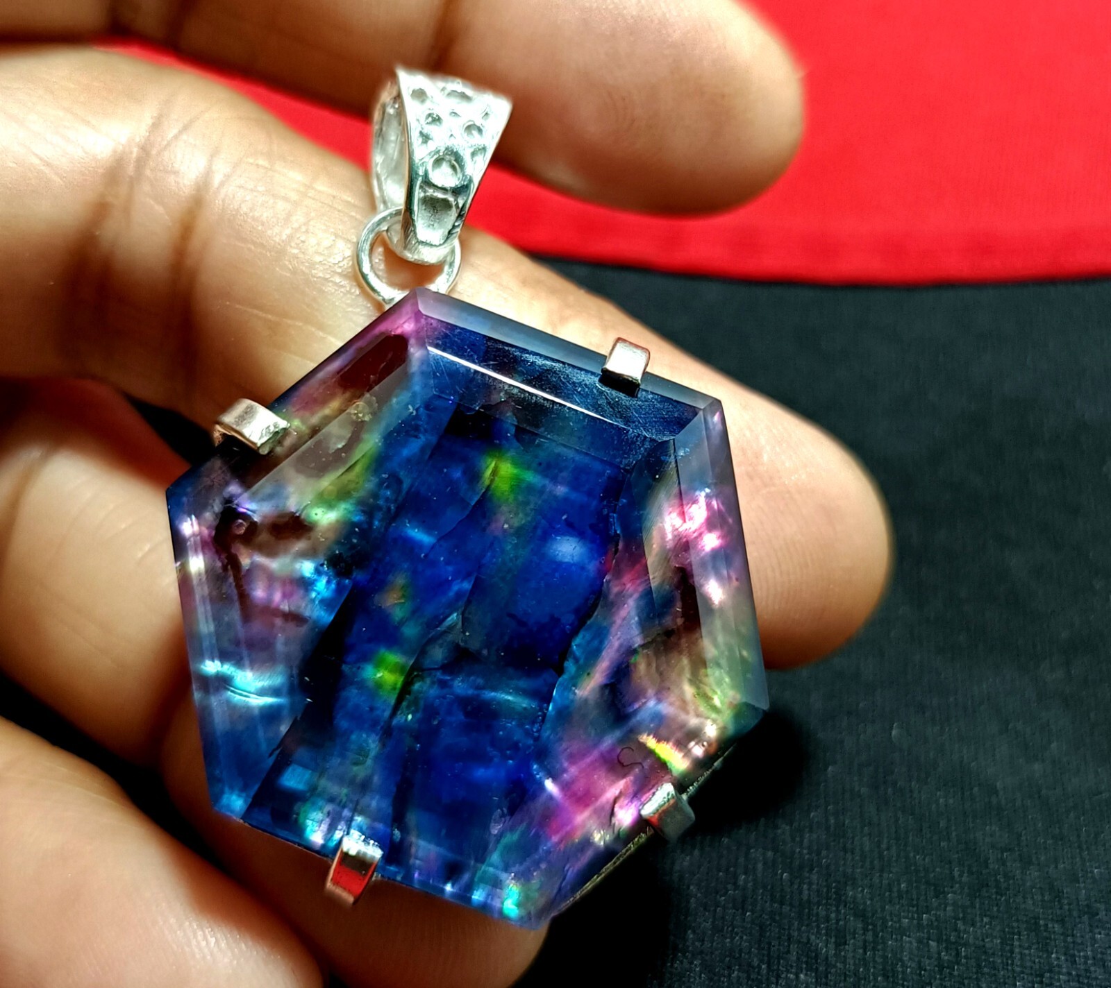 Certified 65.95 Ct Natural Ammolite 925 Solid Silver Hexagon Pendant Gemstone