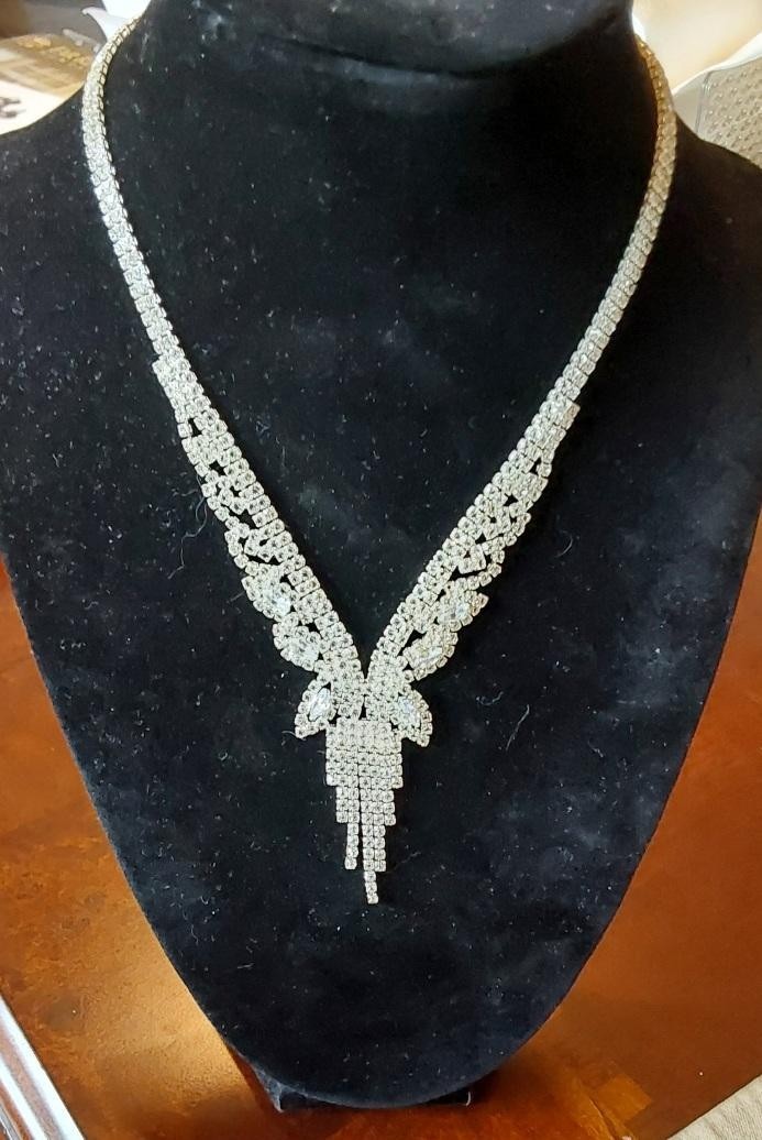 Silver Tone Fringe Rhinestone Necklace Cascading Jewelry