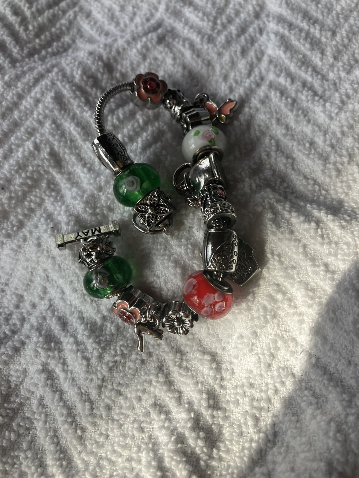 willabee and ward Red And Green Tones Charm Bracelet: May, Butterfly, Flowers