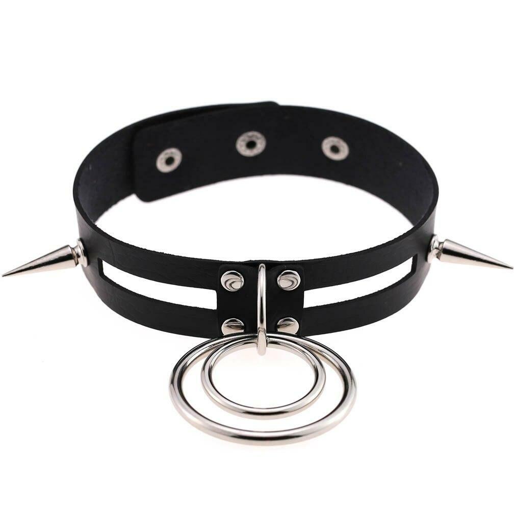 Women O Ring Neck Collar Chain Gothic Punk Studded Pu Leather Choker Necklace