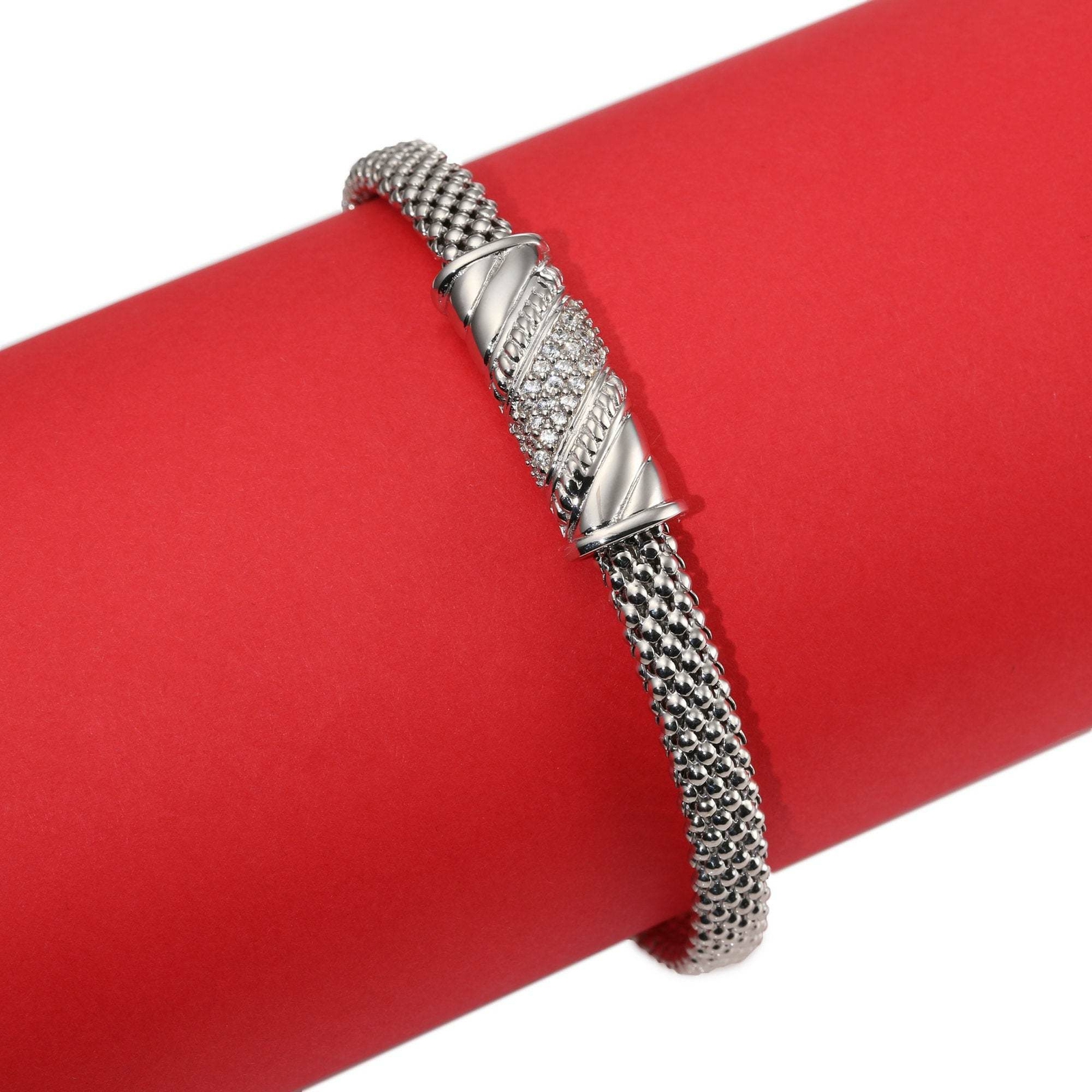 925 Solid Sterling Silver CZ Bar Italian Cuff Bracelet Slip On Bangle 6″-7″