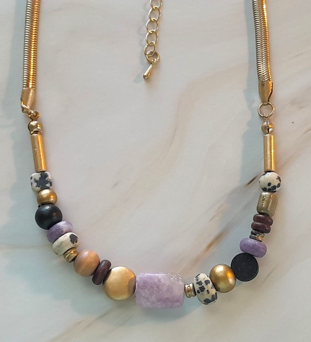 Gold Tone 15″ Snake Chain Lilac Purple Stone Beaded Choker Vintage Necklace