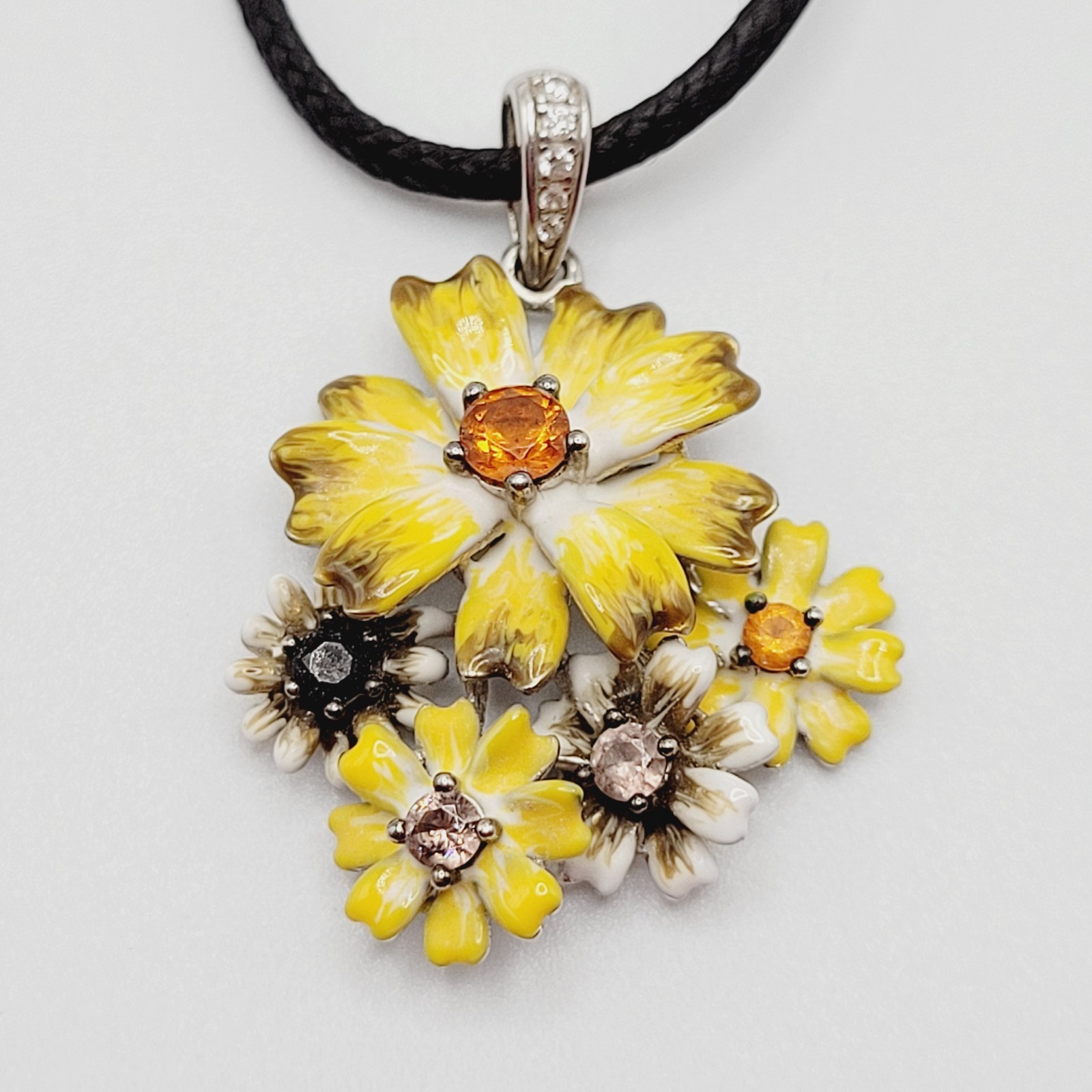 Yellow Flower Floral Bouquet Cluster 925 Pendant Black Cord Necklace 19 Inch