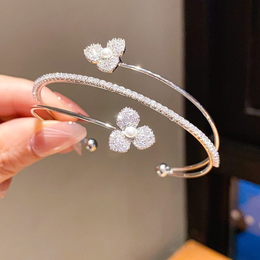 Women’s Open Cuff Bracelet Gold Tone Flower Cubic Zirconia Adjustable Bangle