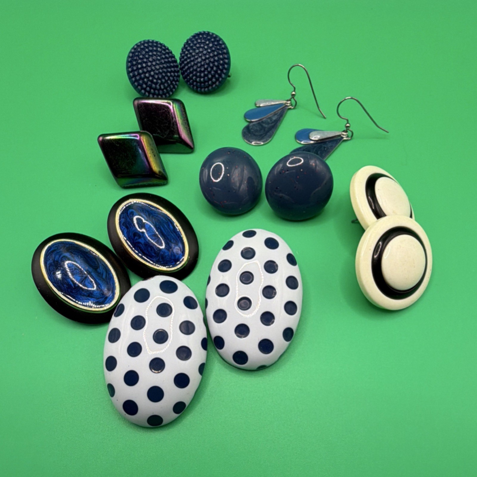 Blue White Black Multicolor Costume Earrings Lot Clip-On Dangle Stud Oval Round