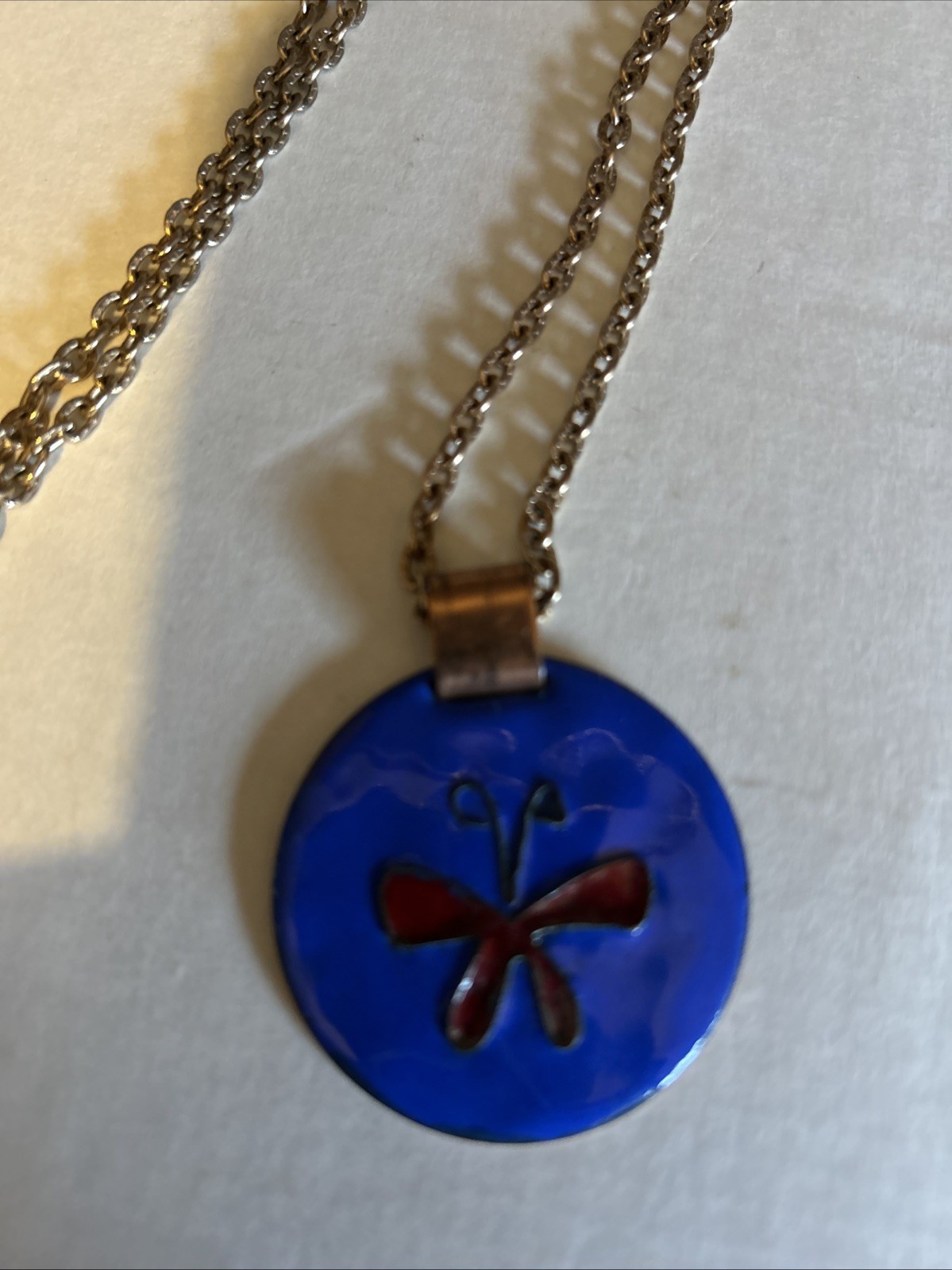 Hand Enameled Copper Butterfly Pendant Necklace