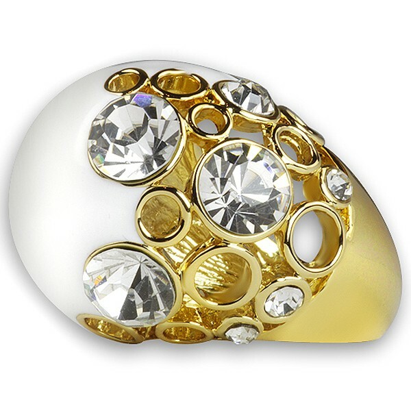 FASHION COCKTAIL STATEMENT RING 18K GOLD PLATED CRYSTAL EPOXY WHITE ROUND SIZE 6