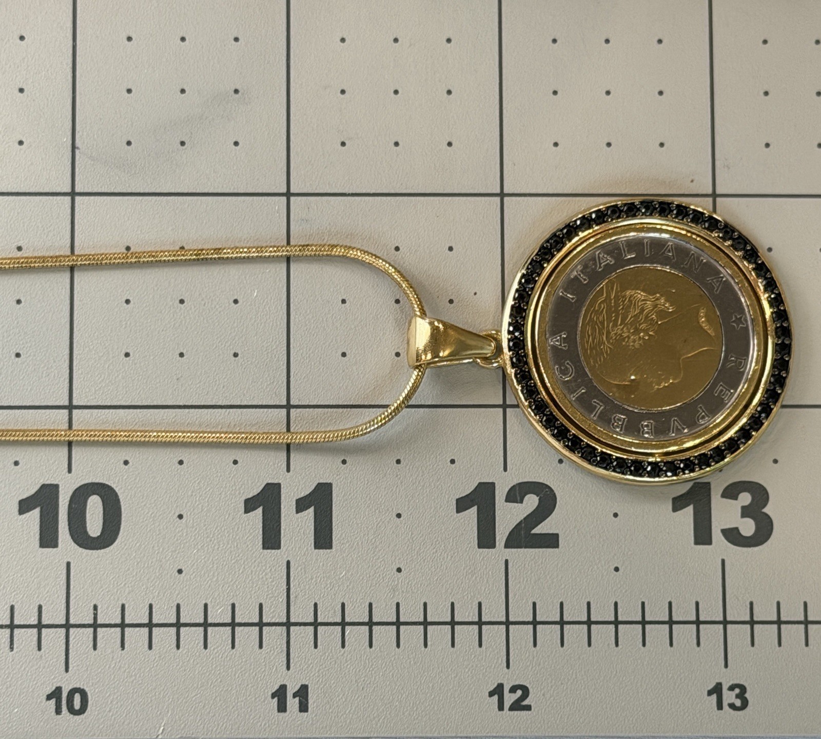 Bezzella ITAOR Necklace 23″ Faux-Saphire Lira Coin Pendant Charm Gold Tone Italy