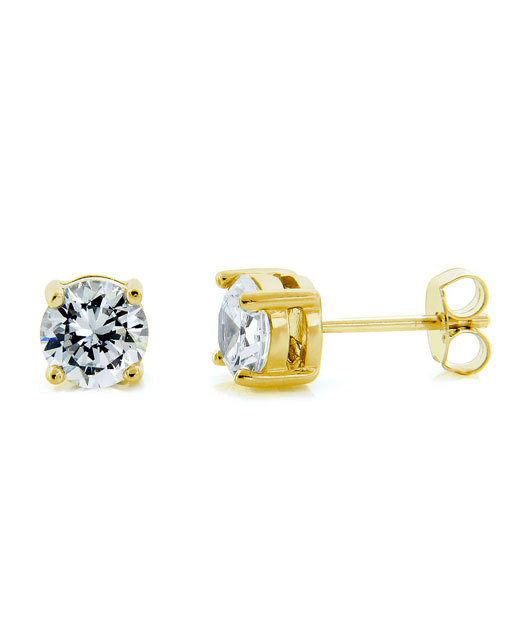 Round Diamonique CZ Solitaire Stud Earrings 14K Yellow Gold Plated 925 Silver
