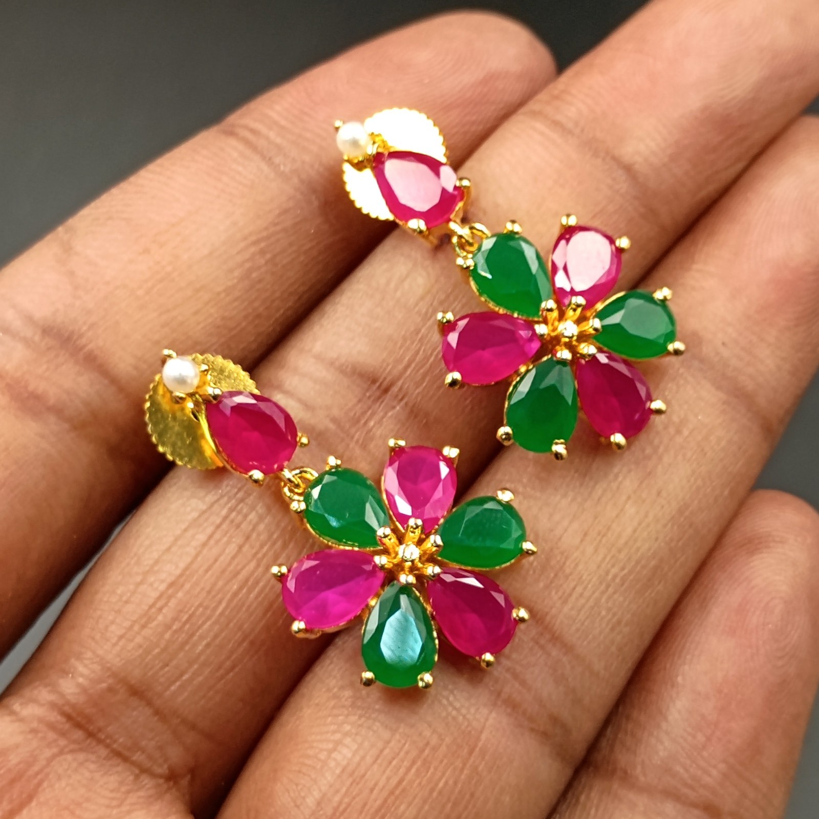 22K Gold Plated Ruby Emerald Pearl Necklace Set Handmade Red Stone Indian Jewelr