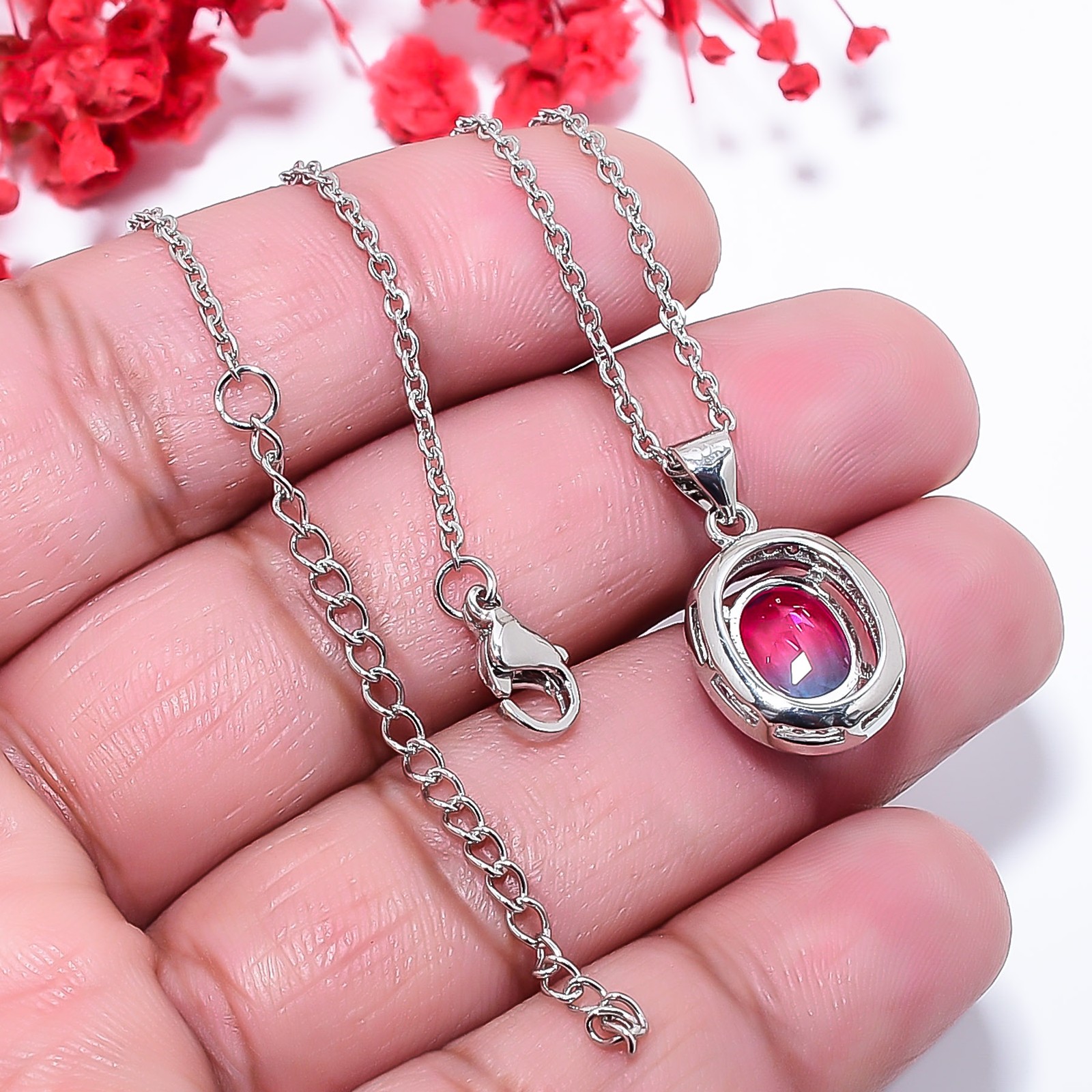 Pink & Purple Bi-Colour Tourmaline & Cz 925 Silver Pendant Chain 18-20″ CP6030