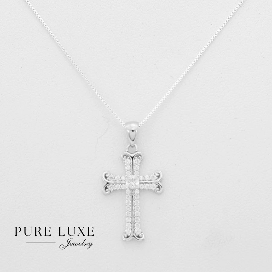 Women’s Sterling Silver 925.CROSS 26mm Cubic zirconia Pendant 18″Necklace,Box
