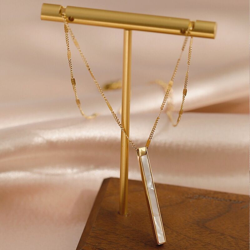 Woman Fashion 18K Gold Plated Stainless Steel Mother of Pearl Bar Necklace Chain