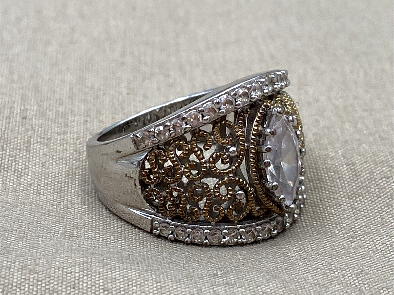 Verragio Womens 2 Tone Sterling 925 Marquise Filigree Cocktail Ring Size 8 /8.5g