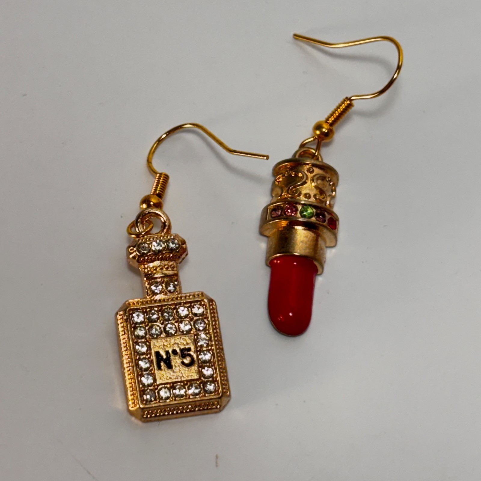 Fashion Earring Lipstick Perfume Gold Tone Rhinestones Charms
