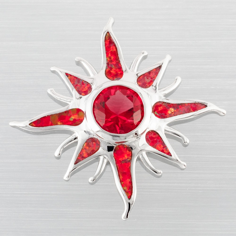Starburst Simulated Ruby Red Fire Opal Silver Filled Jewelry Necklace Pendant