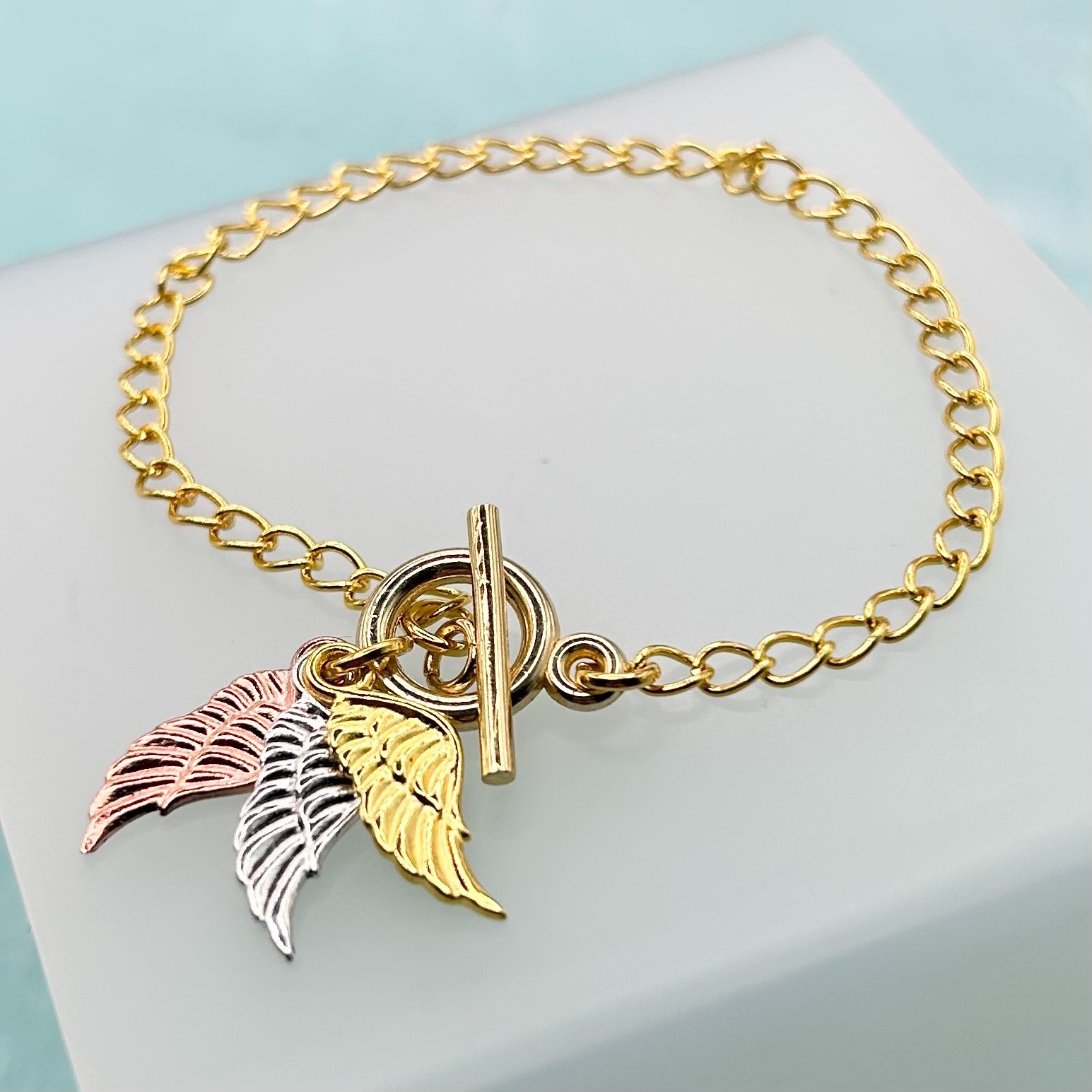 Mini Angel Wing Triple Pendant T-Bar Bracelet (Gold Chain) New Handmade